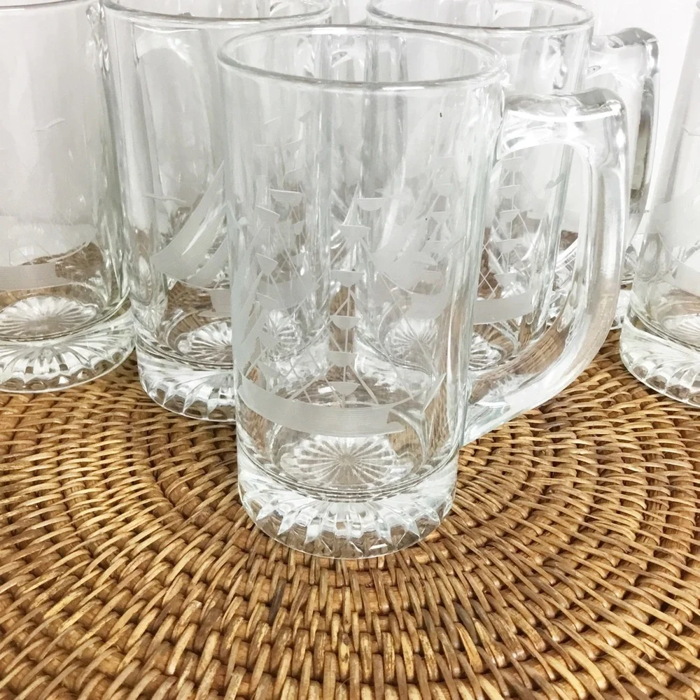 Vintage Etched Nautical Sailing Ship Glass Mug - Beer Glass - Stein Lot 8 Boat